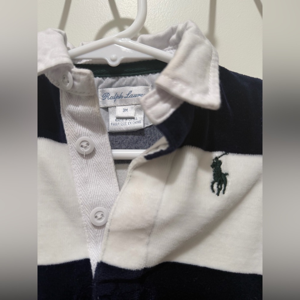 Ralph Lauren 3m velvet material baby boy navy & white striped one-piece - Picture 2 of 3